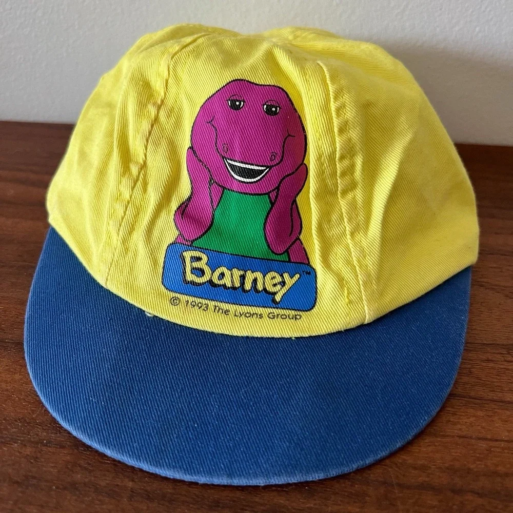 Vintage 1993 Barney The Dinosaur Yellow Blue Snapback Hat Cap Kids One Size